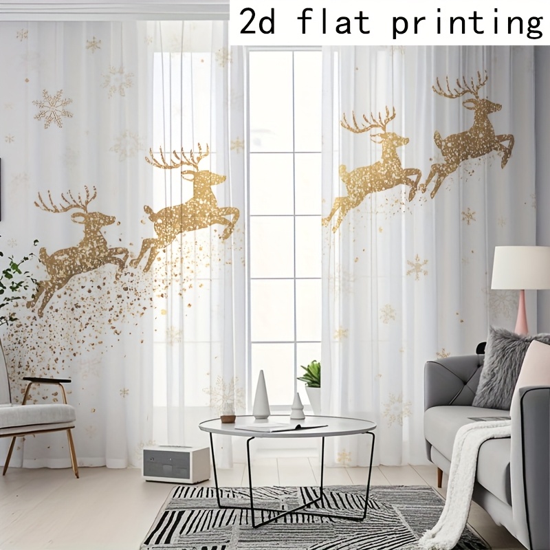 TEMU Tissu de rideau décoratif à motif plat 2D de de Noël doré et de de neige, motif imprimé plat 2D, convient pour Noël, le An et diverses
