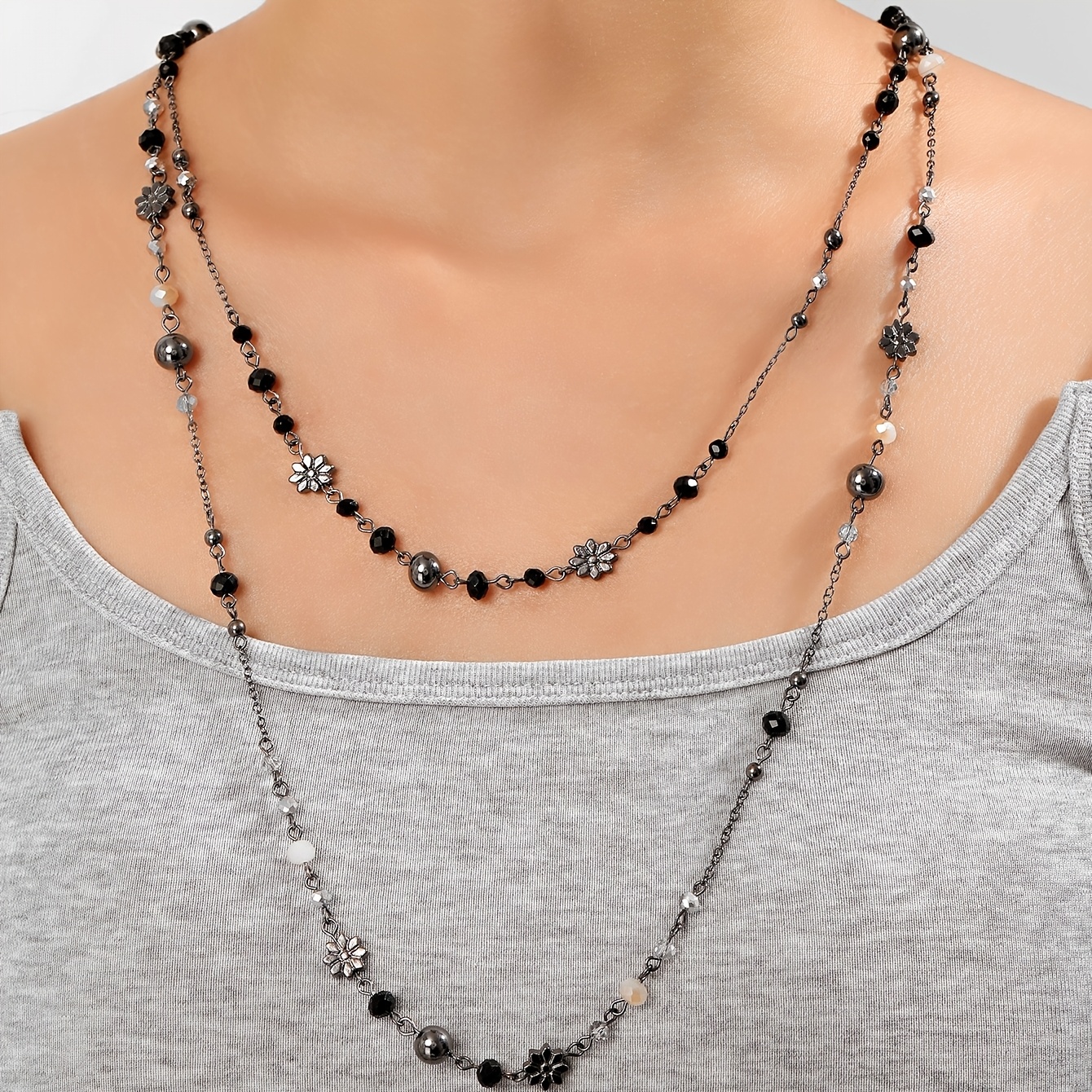 TEMU A Vintage Vintage Long Double Chain Necklace With Women's Bohemian Flower Bead Necklace