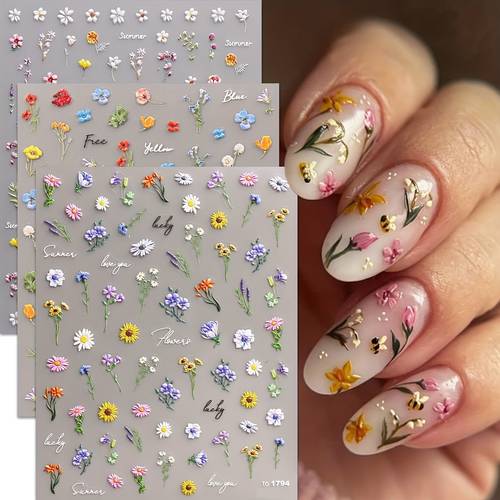3pcs summer small and plants relief nail art stickers summer flowers relief nail art decals 5d back nail art self decoration accessories suitable for acrylic nails meniscus and girls nail art supplies gifts y2k diy