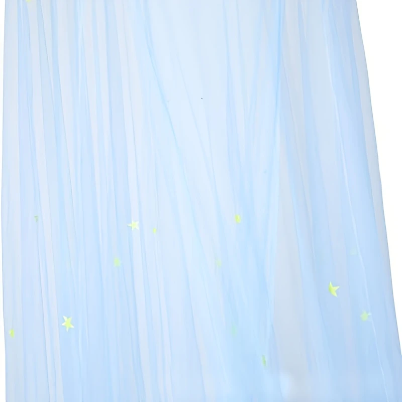 glow in the dark starry bed canopy no power needed soft polyester fabric with illuminated star patterns iron wire bracket lightweight machine washable cozy bedroom ambiance in blue or white mosquito net round semitransparent material details 6