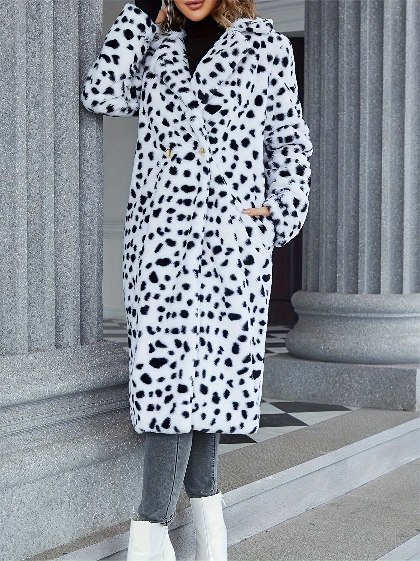 Costume Dalmation Faux Fur Coat Dalmatian Print Double Breasted