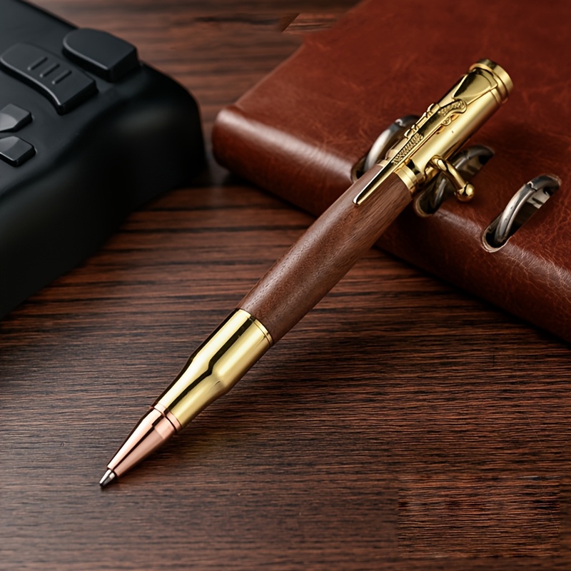 TEMU 1 stylo à bille créatif premium, , corps en métal, poignée en bois, stylo de bureau rétractable, stylo cadeau