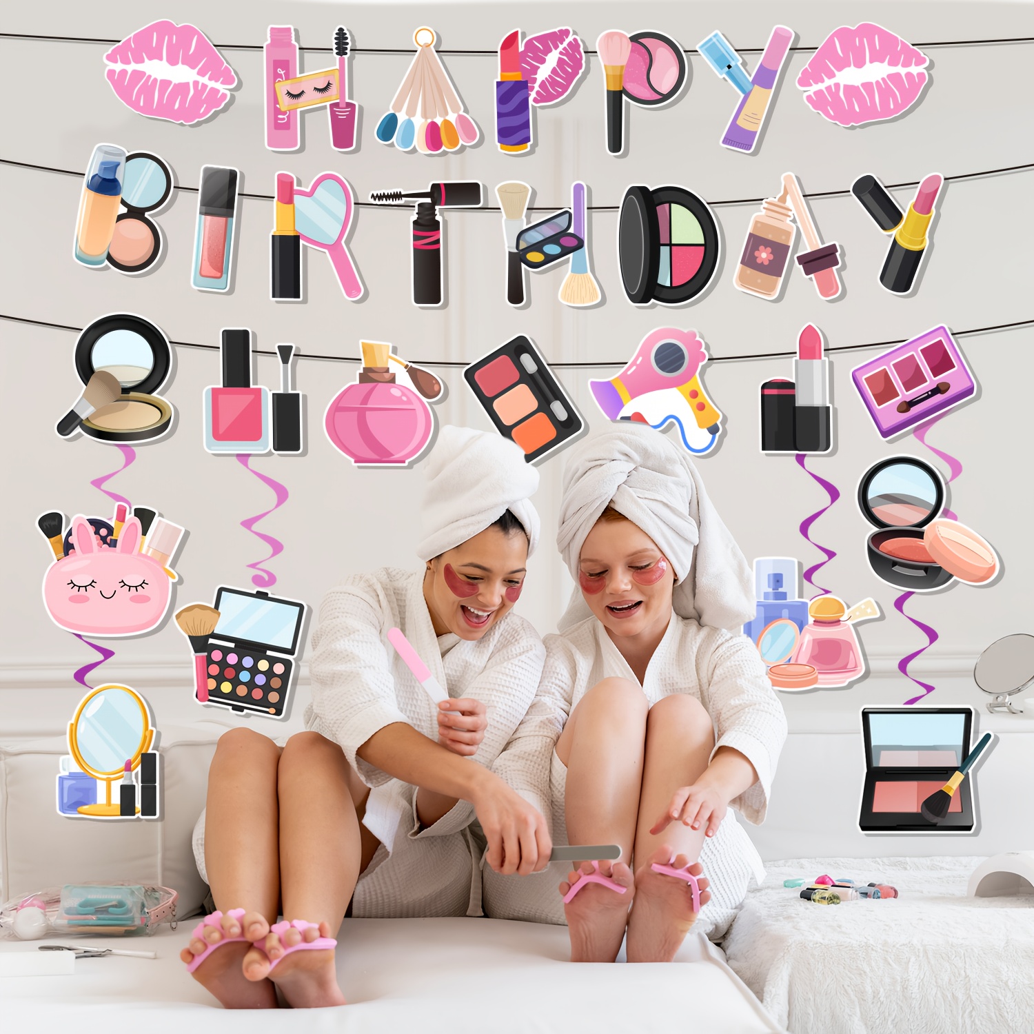 Makeup Geburtstagsparty-Dekorationen, Makeup-Banner mit Spiraldekoration-Set – Happy Birthday Banner & Spa Party Hängedeko für Frauen Make-up-Party, Spa Party Deko