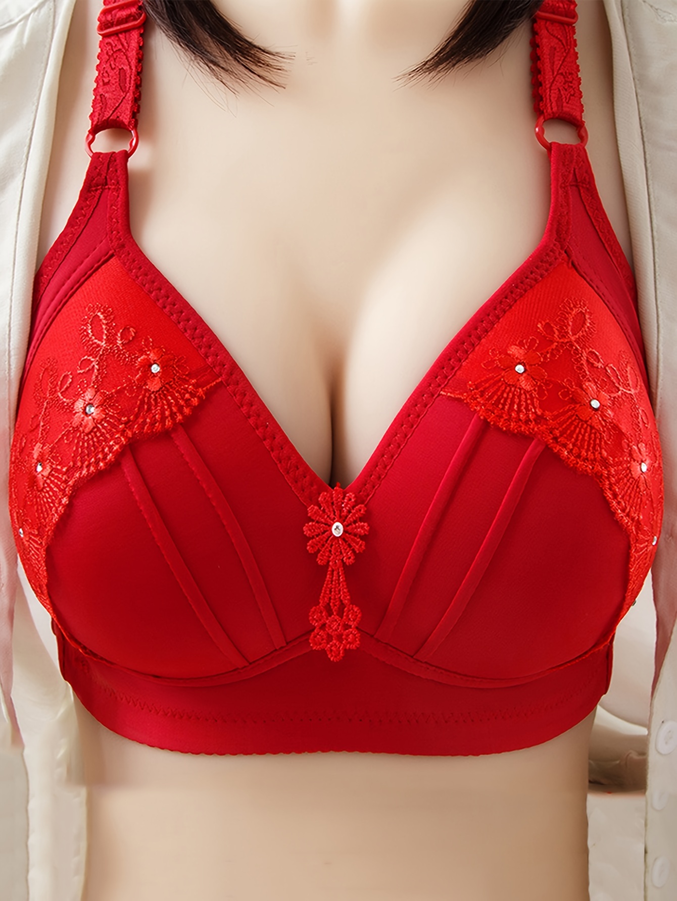 2pcs breathable gathered brassiere without steel ring for moms non magnetic thin cup glossy obese female bra   medium stretch fabric solid color with contrast lace detailing everyday   gathered bra design nonmagnetic bra bras for moms Product details 8