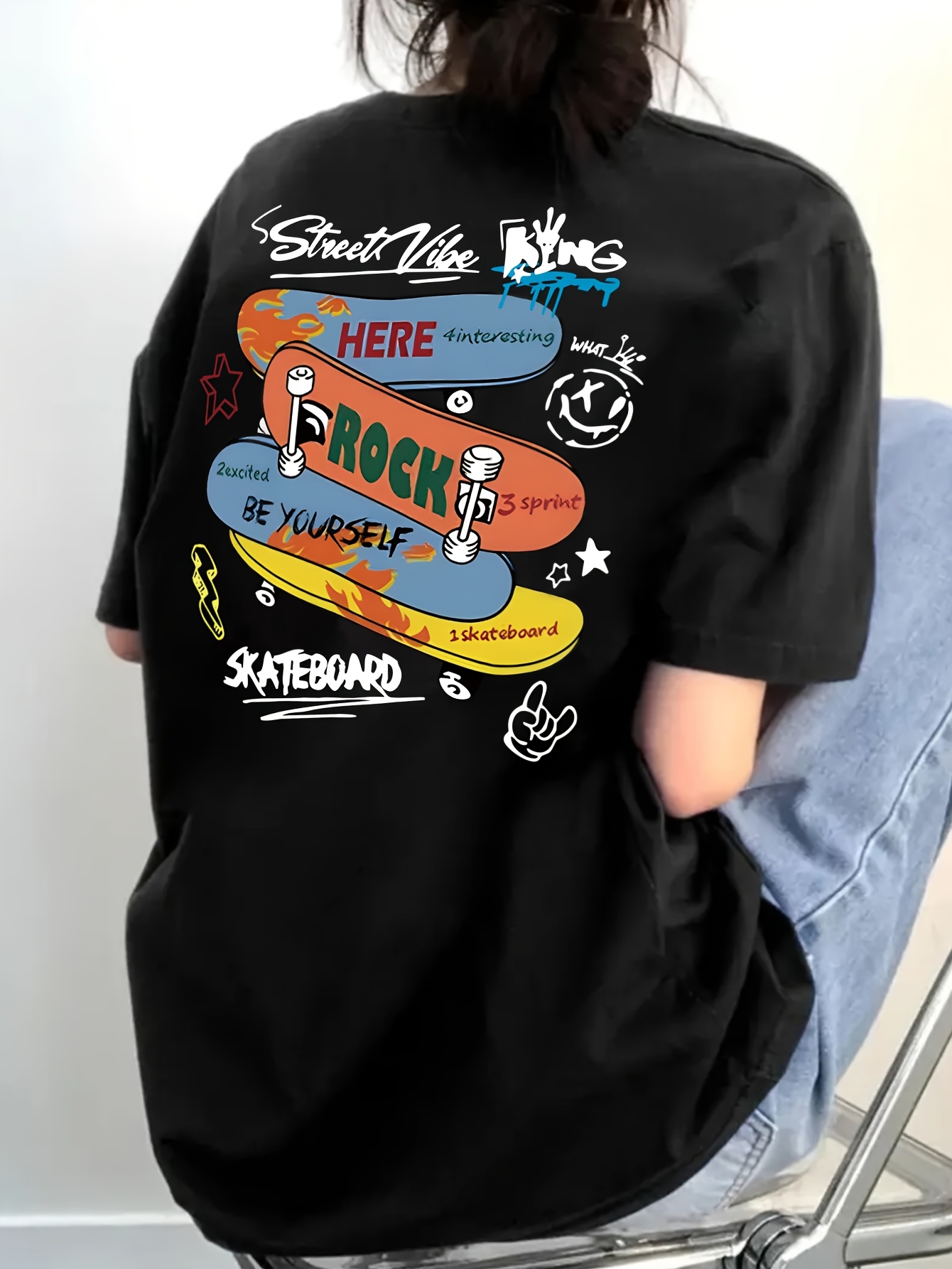 womens summer casual skateboard graphic print t shirt loose fit longline top with cartoon design light yellow round neck short sleeve tee for streetwear everyday outfits outfit addition durable fabric relaxed fit   print shirt women Product details 28
