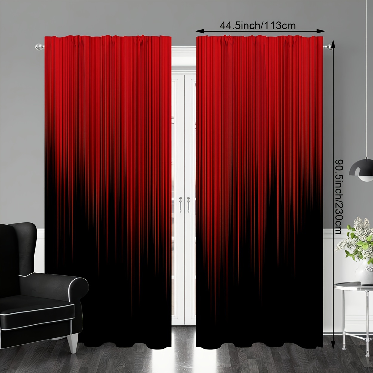 Image of 2pcs, Material, Red Black Gradient Striped Design Printed Curtains, For Bedroom, Office, Kitchen, Living Room And Study, Rod Pocket Curtains For Home Decoration And Room Decor, Suitable For Rod