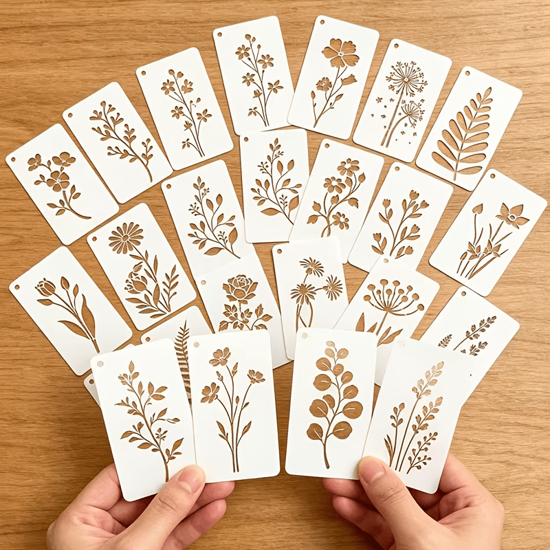 TEMU 24pcs Floral Painting Stencils - Flower, Plant, Leaf, Reusable Plastic Templates For Fabric, Paper - Craft Supplies For Spray Painting And