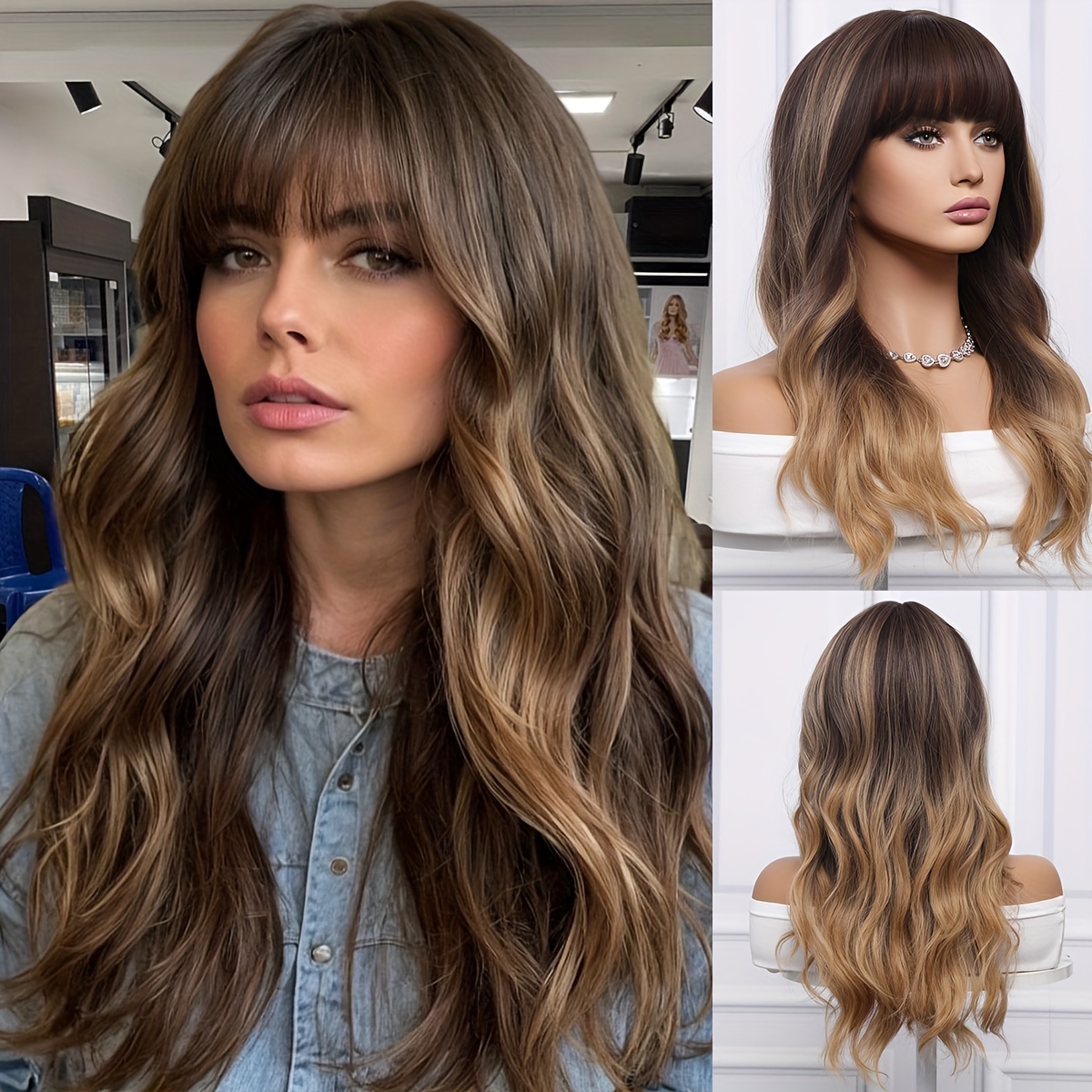 

Elegant Goddess Black To Brown Ombre Wig With Bangs, High-temperature Synthetic Hair For Women, Long Curly Wave Style, Cap, For Or , Hair Wig