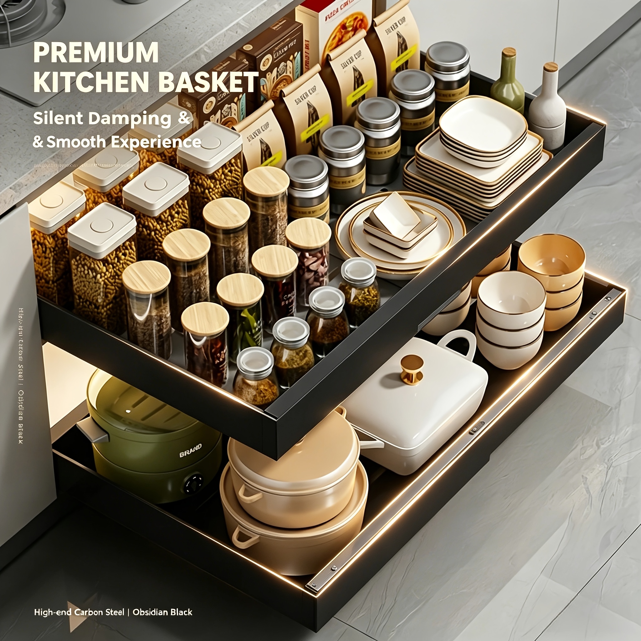 TEMU New Retractable Cabinet Drawer Storage Rack (with Slide Rail), Pull-out Kitchen Storage Rack, Silent Track For Storing Tableware, Pots,
