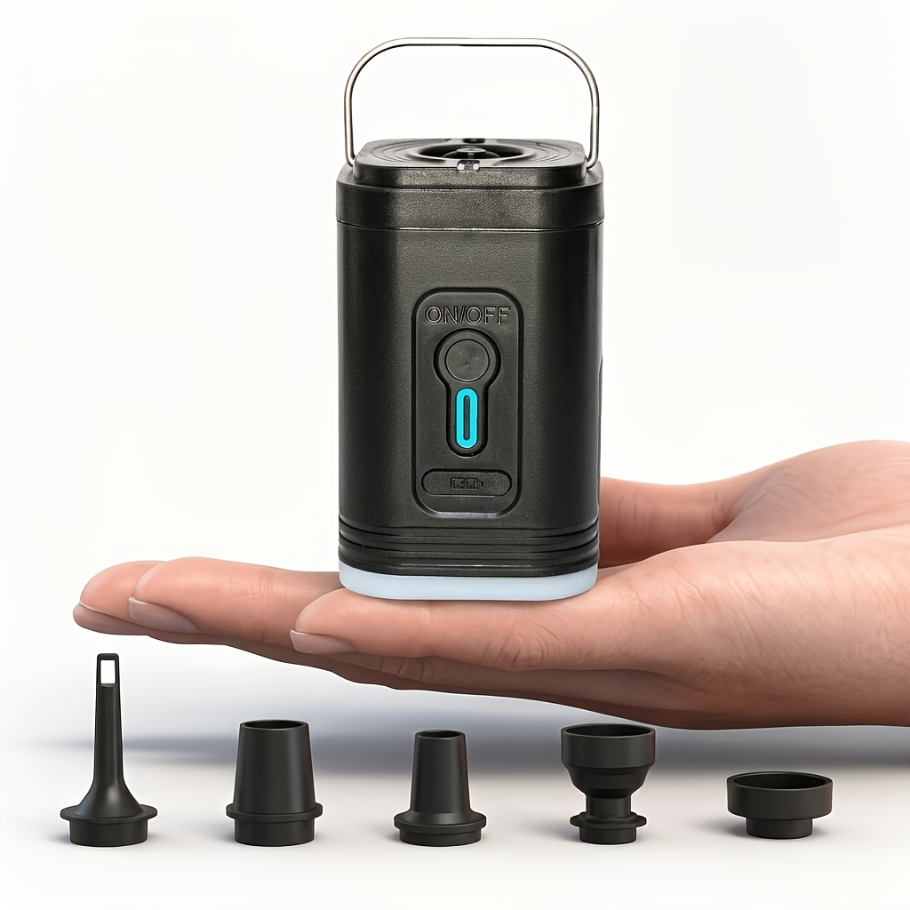 TEMU Portable Electric Air Pump With Lighting And 5 Nozzles | Usb Rechargeable, Automatic Inflate/, For Inflatable Mattresses, Boats, Camping Gear,