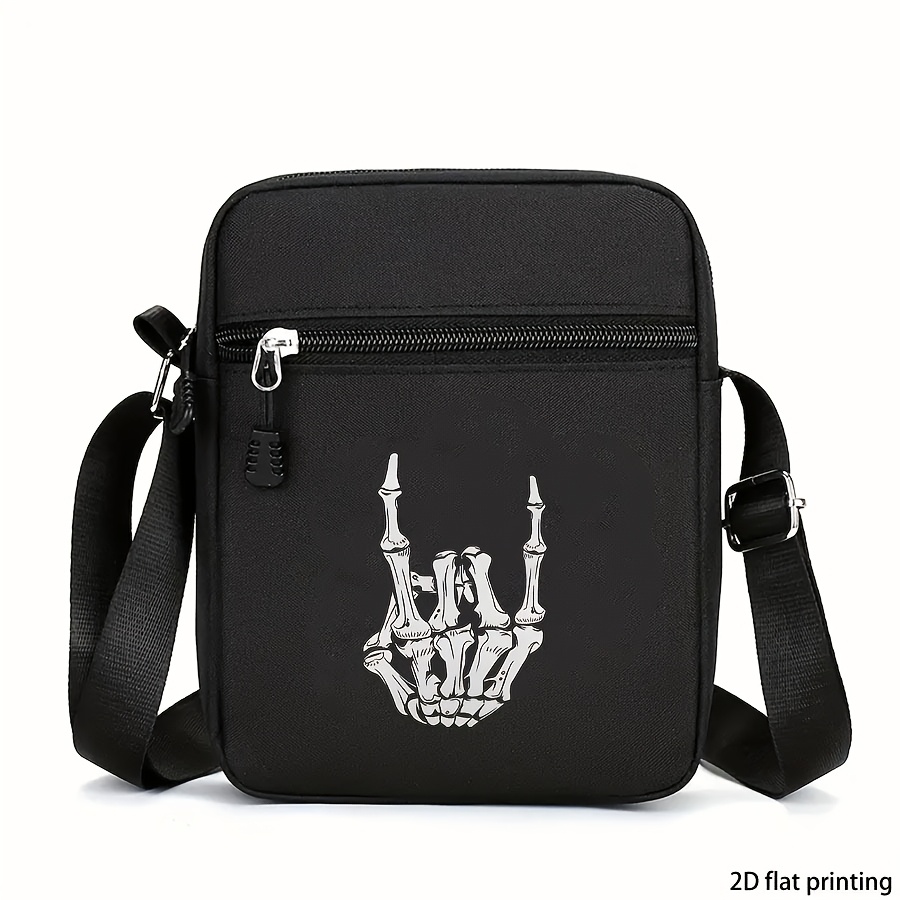 TEMU Skeleton Finger Printed Black Crossbody Bag - Adjustable Shoulder Strap, Lightweight Polyester Lining, Sporty Bag For Casual (2d Flat Printing),