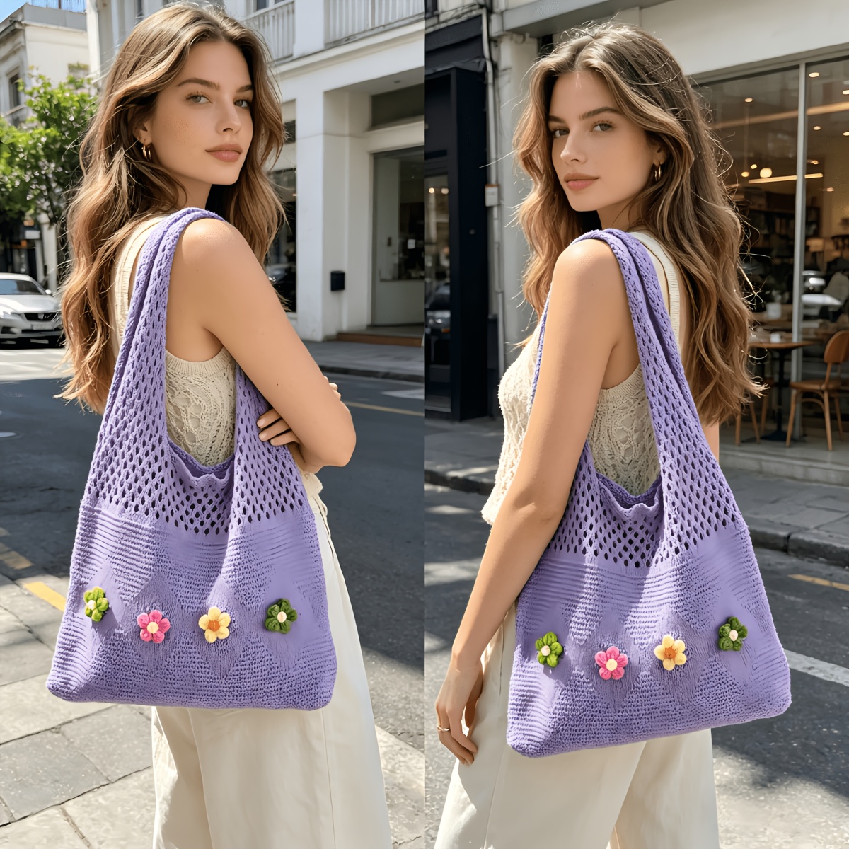 TEMU Grand sac bandoulière et épaule tricoté à fleurs, mode, décontracté et polyvalent, design rétro facile, idéal pour un usage , les voyages et les