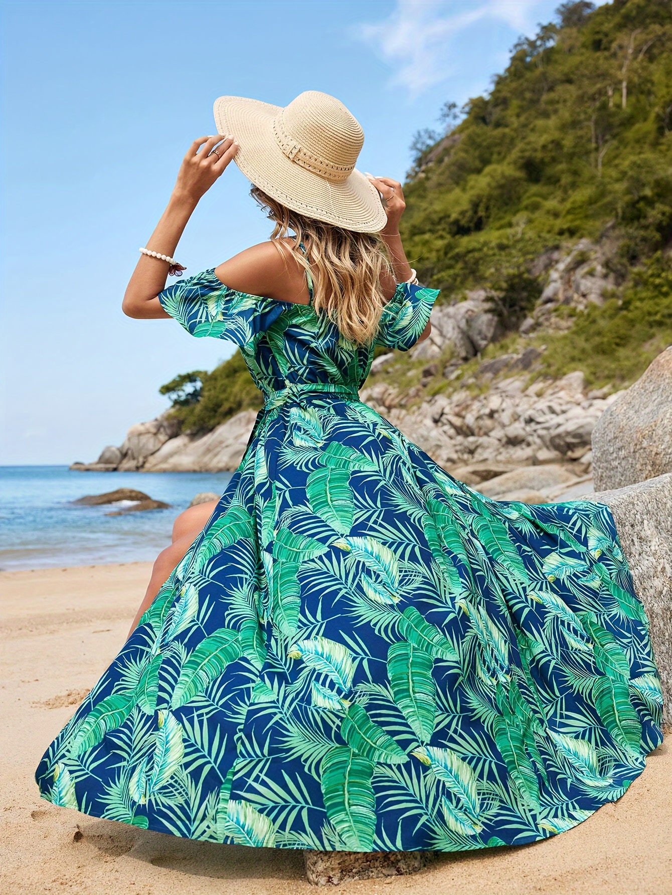 women's tropical print ruffle hem maxi dress - off-shoulder