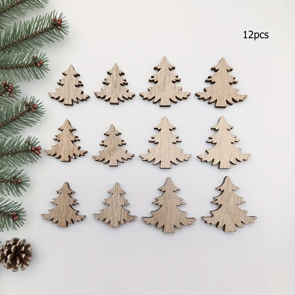 Image of 12pcs Small Statue Ornaments, Wooden Christmas Tree In 2 Sizes Mixed, , Suitable For Christmas Living Room Decoration, Dining Table Decoration, Scene Arrangement Small Ornaments