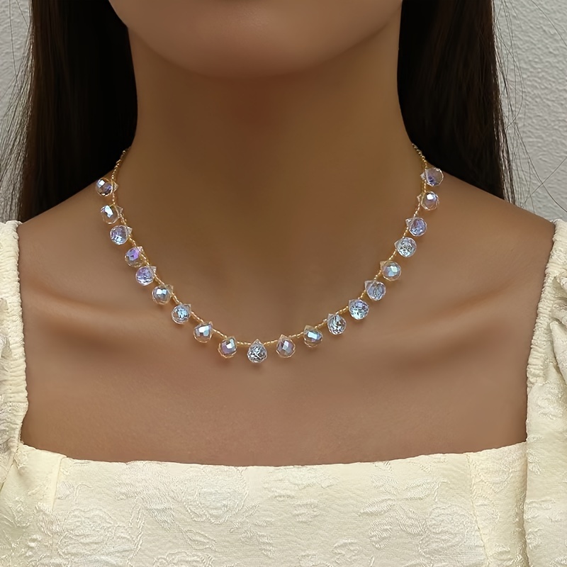 

Vacation-inspired Japanese & Korean Style Choker Necklace - Silver Plated Beaded Teardrop Crystal Necklace For Daily And Gift Occasions - Universal Fit For All Seasons