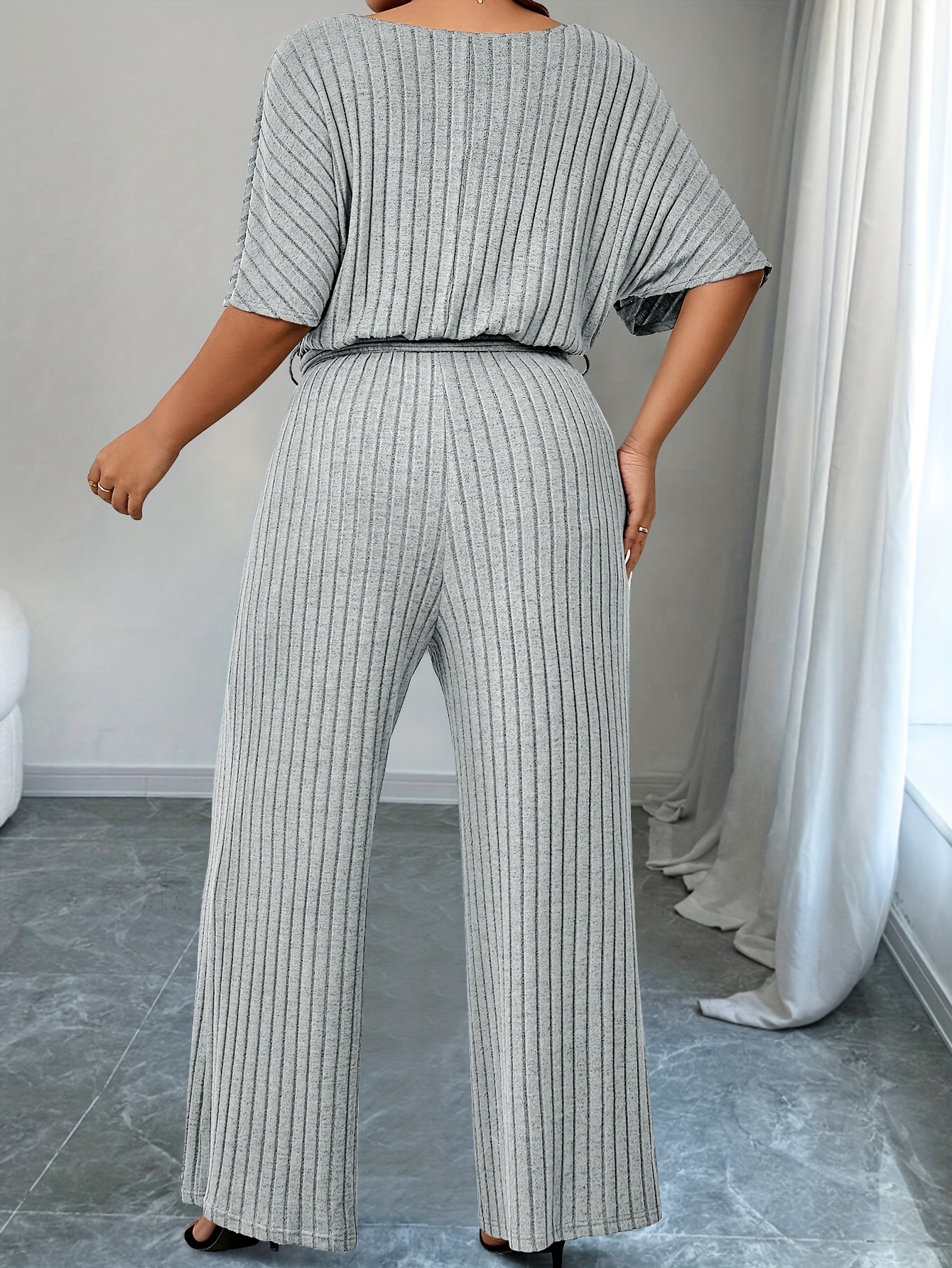 plus size solid ribbed wide leg jumpsuit casual belted short