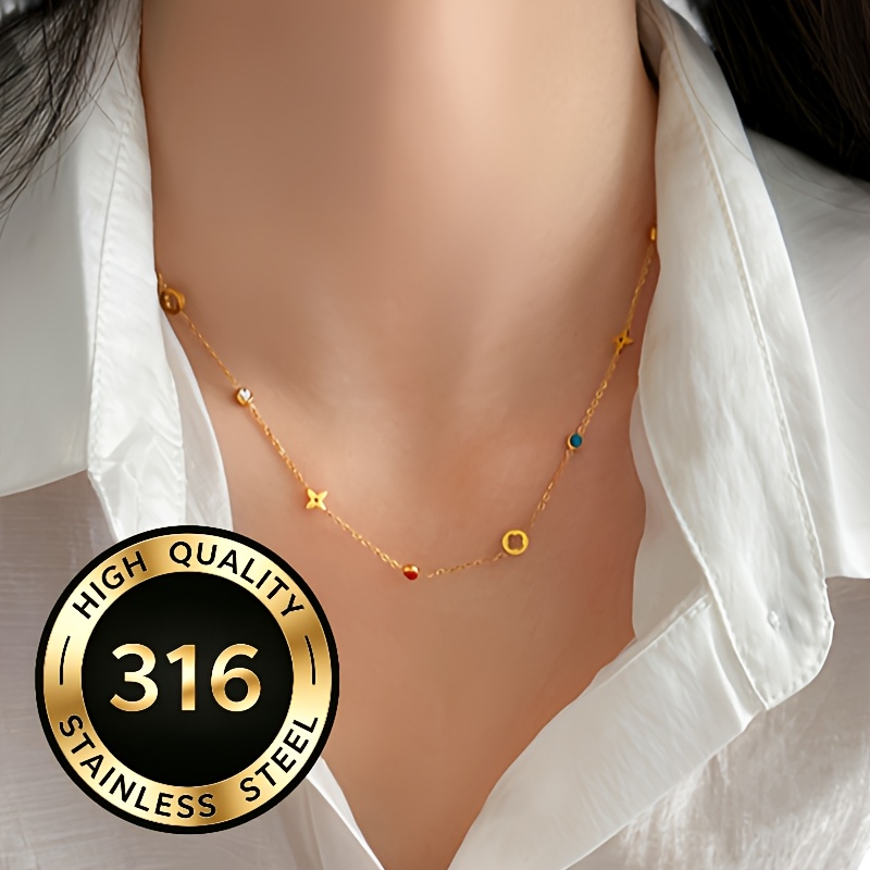 TEMU Fashionable And Luxurious 316l Stainless Steel Niche Flower Colored Synthetic Zirconia Non-fading Light Luxury Necklace