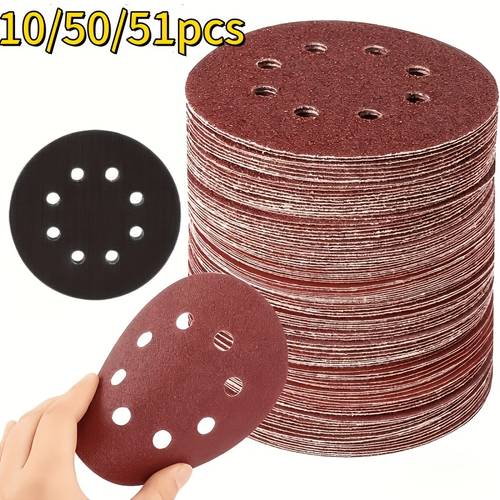 10 50 51pcs 5 inch 8 hole hook and loop grinding wheels grit 60 80 120 150 180 240 320 400 600 perfectly suitable for random orbit
