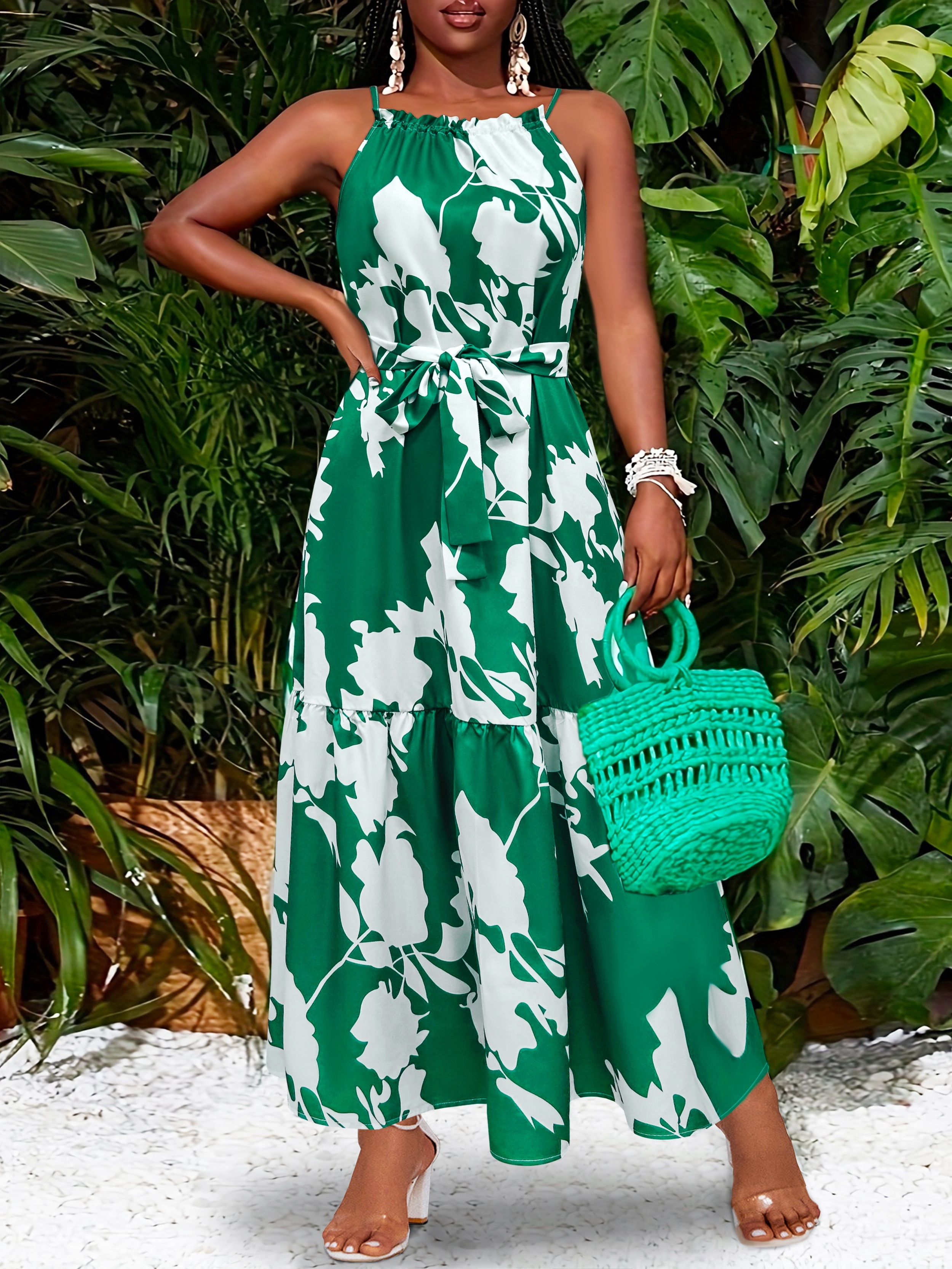 womens elegant a line dress tropical leaf print sleeveless Temu