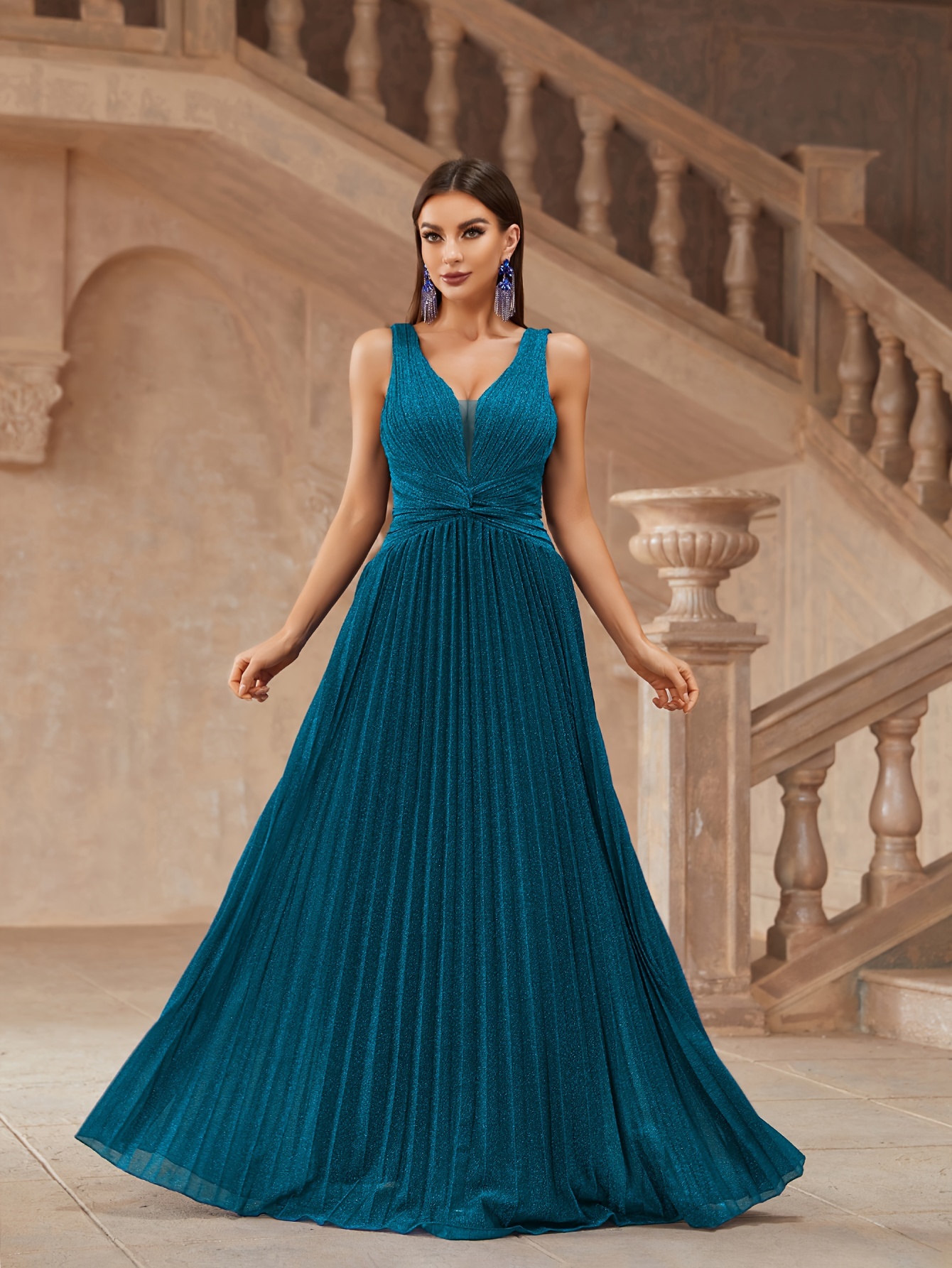 Elegant Solid V Neck Sleeveless Maternity Dress Pleated Splice