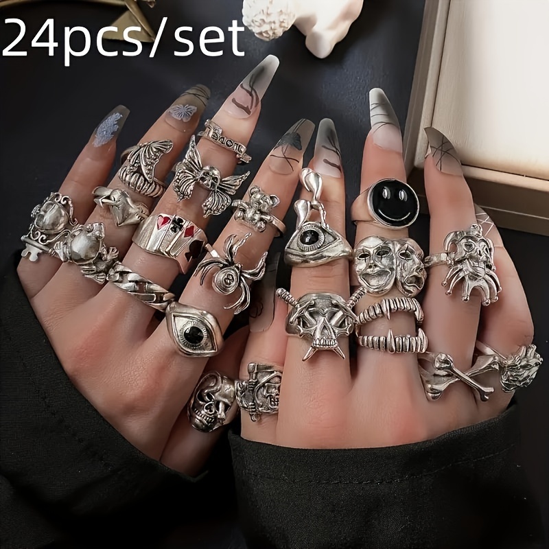 

24 Piece/set Gothic Ring Set - Fashion Forward And Unique Devil And Clown Faces - Durable Zinc Alloy For Mixing And Matching Styles - Spooky Everyday Wear, Party Accessory, Essential For Cool Friends