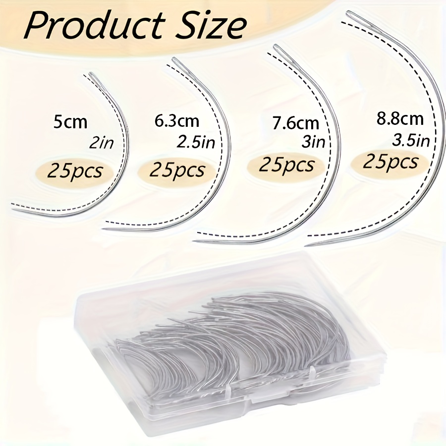 TEMU 100pcs 4-size Curved Sewing Needles - Long Metal Needles With Large Eye, Suitable For Leather, Carpet, Canvas, Knitting, And Upholstery -