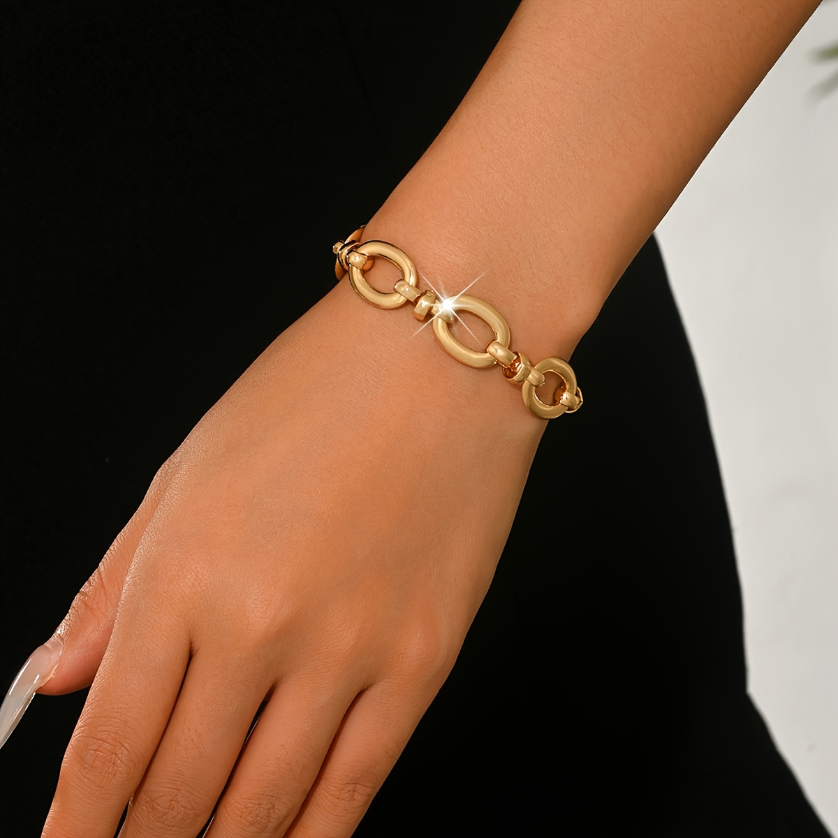 2pcs Large Oval Flat Ring & Thick Chain Necklace Bracelet Jewelry Set