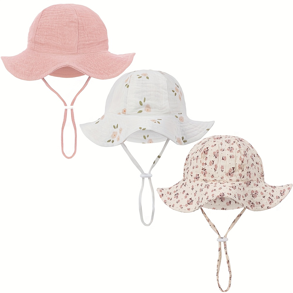 Image of 3pcs/pack Ins Solid Baby Bucket Hats Colorful Cute Cartoon Bear Flower Print Fishing Caps Sunhat Adjustable 0-12m Beanies