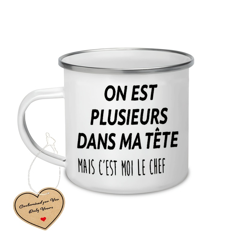 TEMU 1pc, 12.5Oz Text, Français "Tasse à café émaillée pour hommes et femmes, Tasse à thé ronde avec poignée, Tasse de camping multifonction isolée