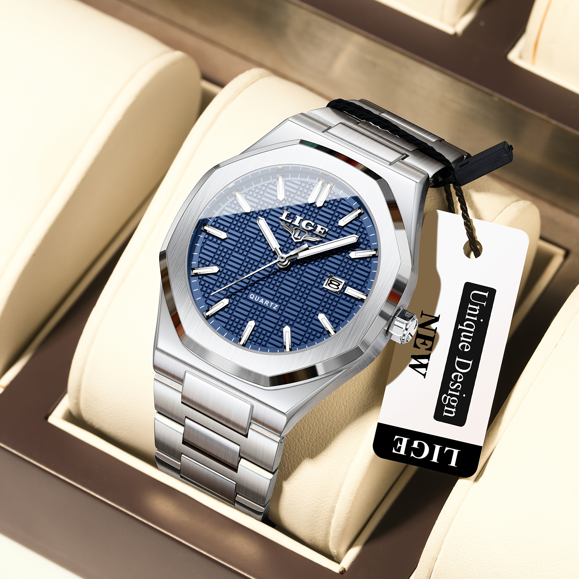 Lige Men's Quartz Watch Features A Calendar Display, Blending Style And Functionality, Ideal For Holiday Or Birthday Presents