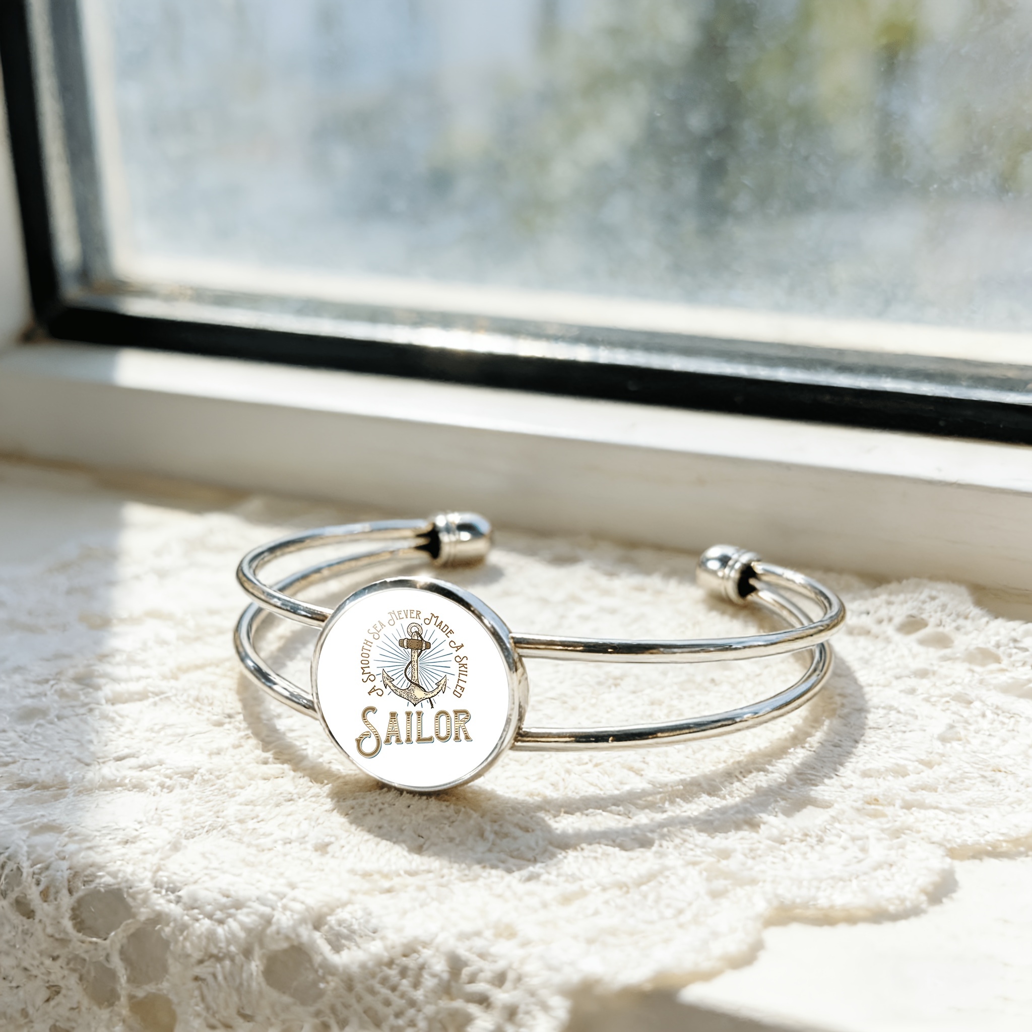 Adjustable Open Bangle Bracelet with Round Time Gemstone Inlay