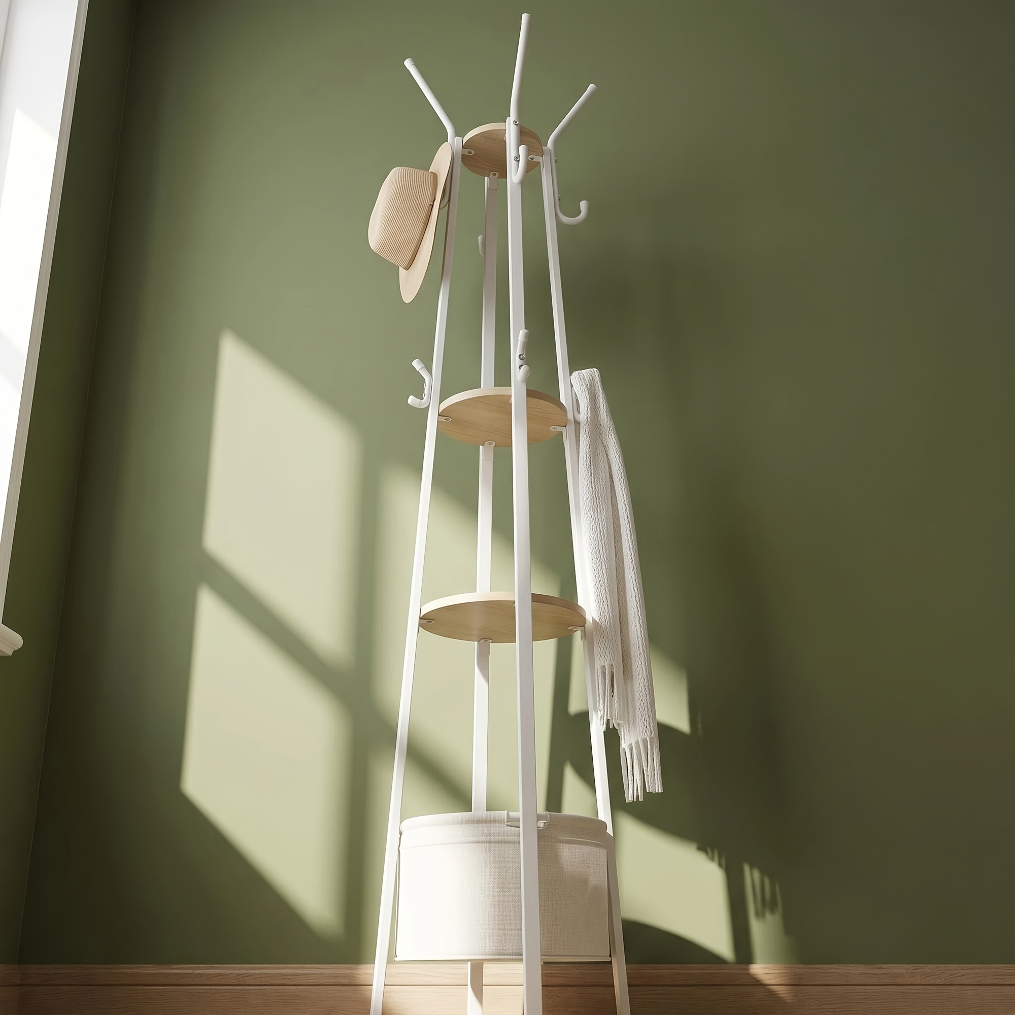 Minimalist Coat Rack, 183.5cm High, With 16 Hooks, 3 Shelves, And A Storage Basket. A Multi-functional Storage Rack For The Bedroom Entryway, Space And Looking Stylish.