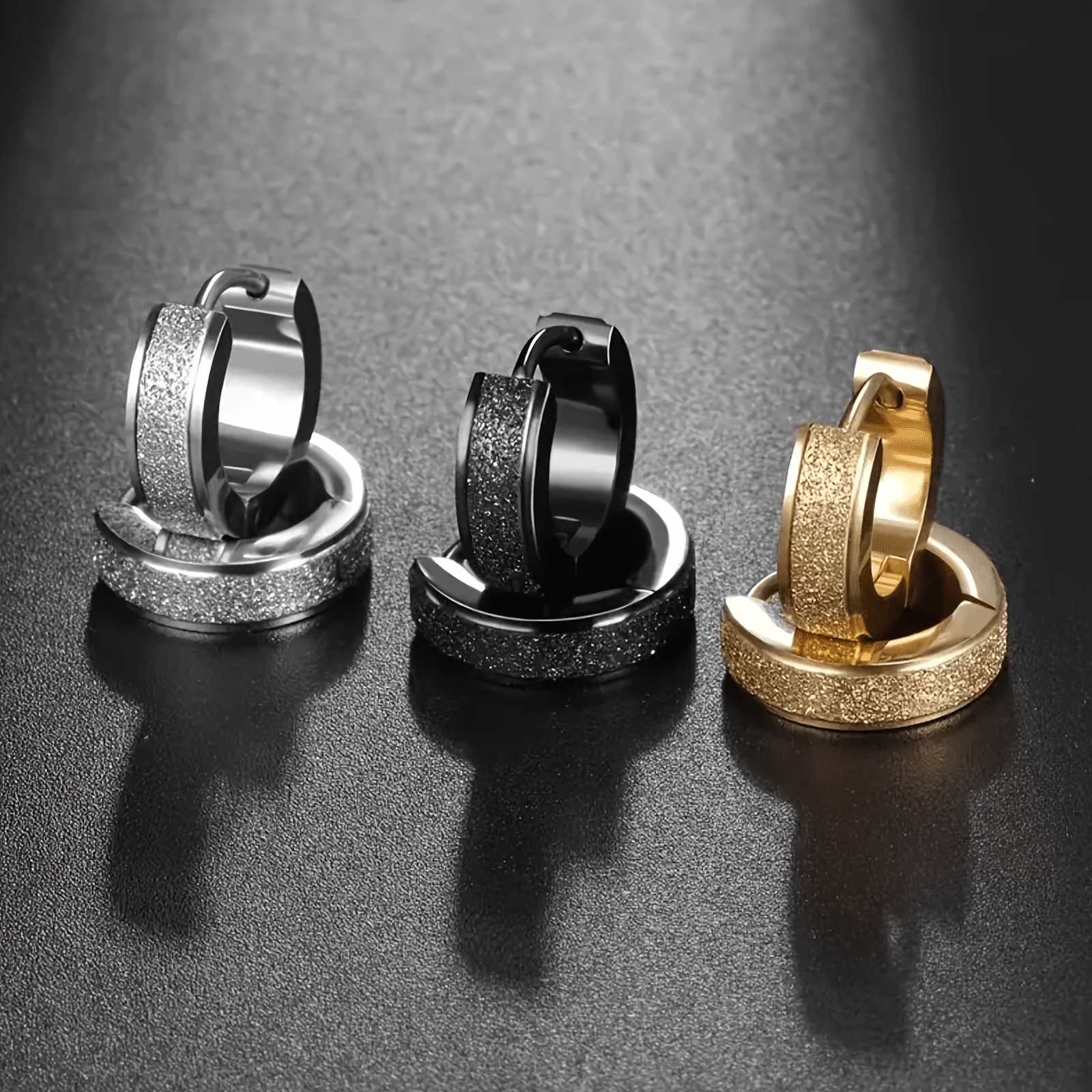 TEMU 3 Paires de Boucles d'Oreilles Tendance et Faciles en Acier Inoxydable 304 304 304 304 304 Dépoli, Argenté/Noir/Doré, Style Tendance, Adaptées à