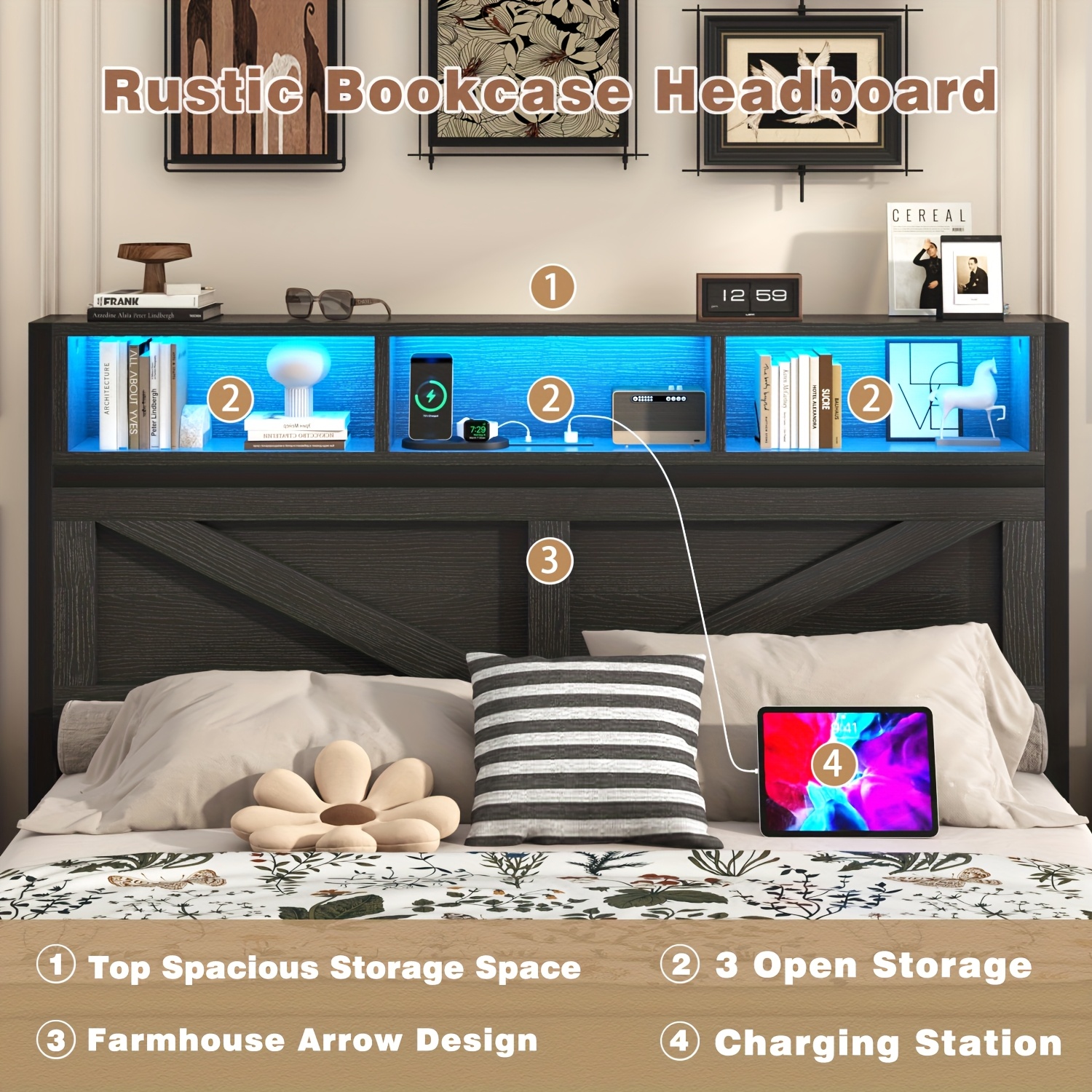 Farmhouse Bed Frame with Storage Headboard and Drawers, LED Light and Charging Outlet, Noise Free, No Box Spring Needed