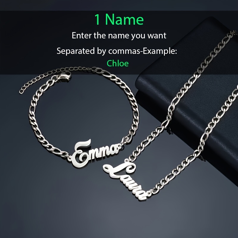 TEMU 1 Necklace + 1 Bracelet Women's Jewelry Set, Customizable With 2 English Names, 18k Gold Plated Stainless Steel, Simple Elegant Temperament
