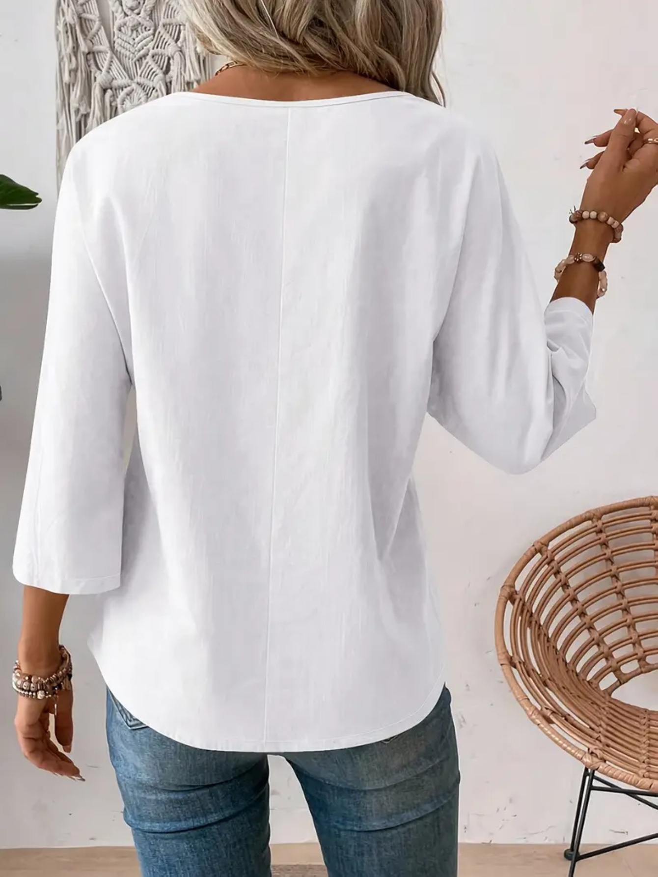 elegant womens shirt solid color crew neck casual fashion top with iron on floral graphic print button detail design loose fit suitable for spring summer wear versatile for   casual and formal occasions womens shirt