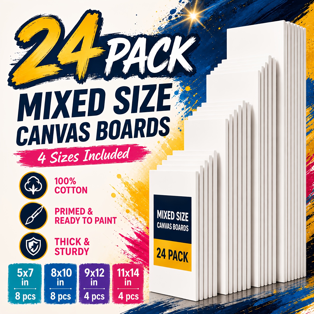 TEMU 24 Pack Mixed Size Canvas Panels Set, 5x7 8x10 9x12 11x14 Canvas Boards For Painting, Acrylic Oil Watercolor Tempera, Diy Art Craft Supplies