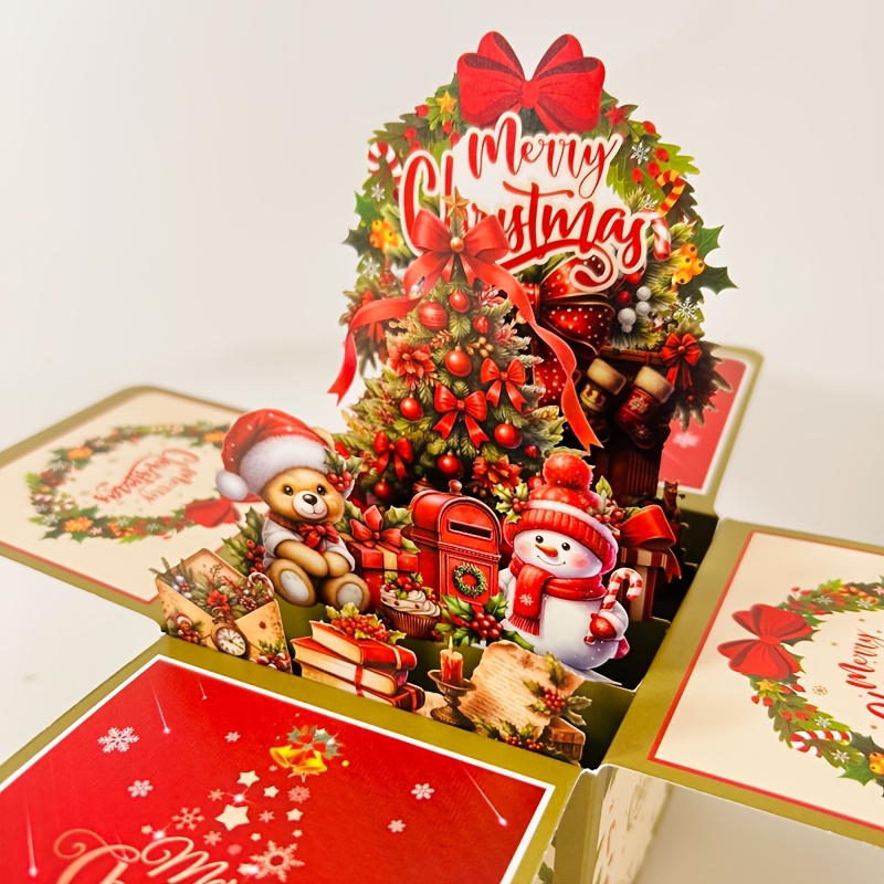 

1pc Whimsyworks 3d Pop-up Christmas Card With Tree And Snowman - Cartoon-themed Holiday Greeting, Includes Mini Note And Envelope, Paper , Suitable For