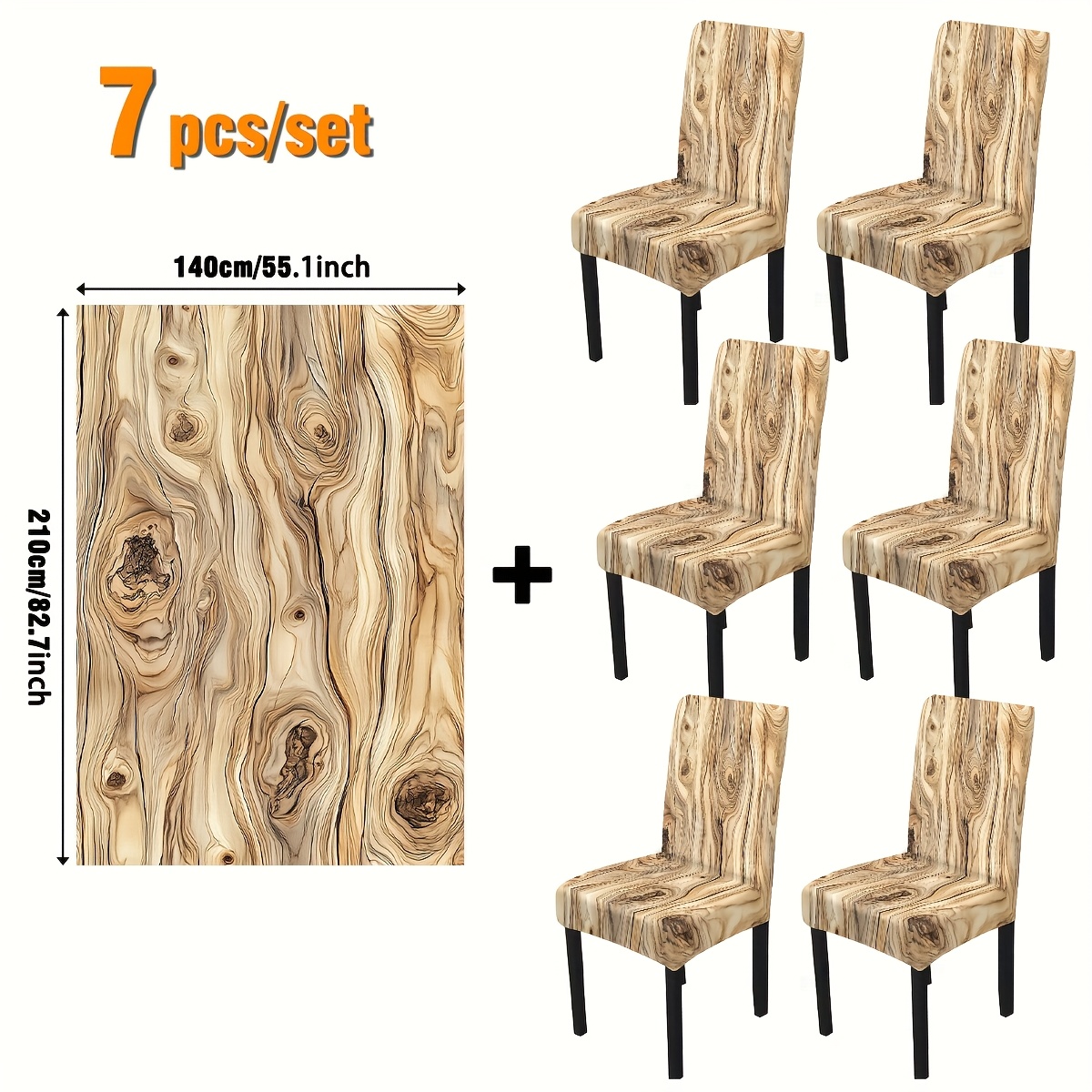 TEMU Lot de 5/7 pièces Nappe à Imprimé Bois Rustique + Housses de Chaise, Tissu , Nappe Amovible et Lavable, Housses de Chaise, Adapté pour Salle à