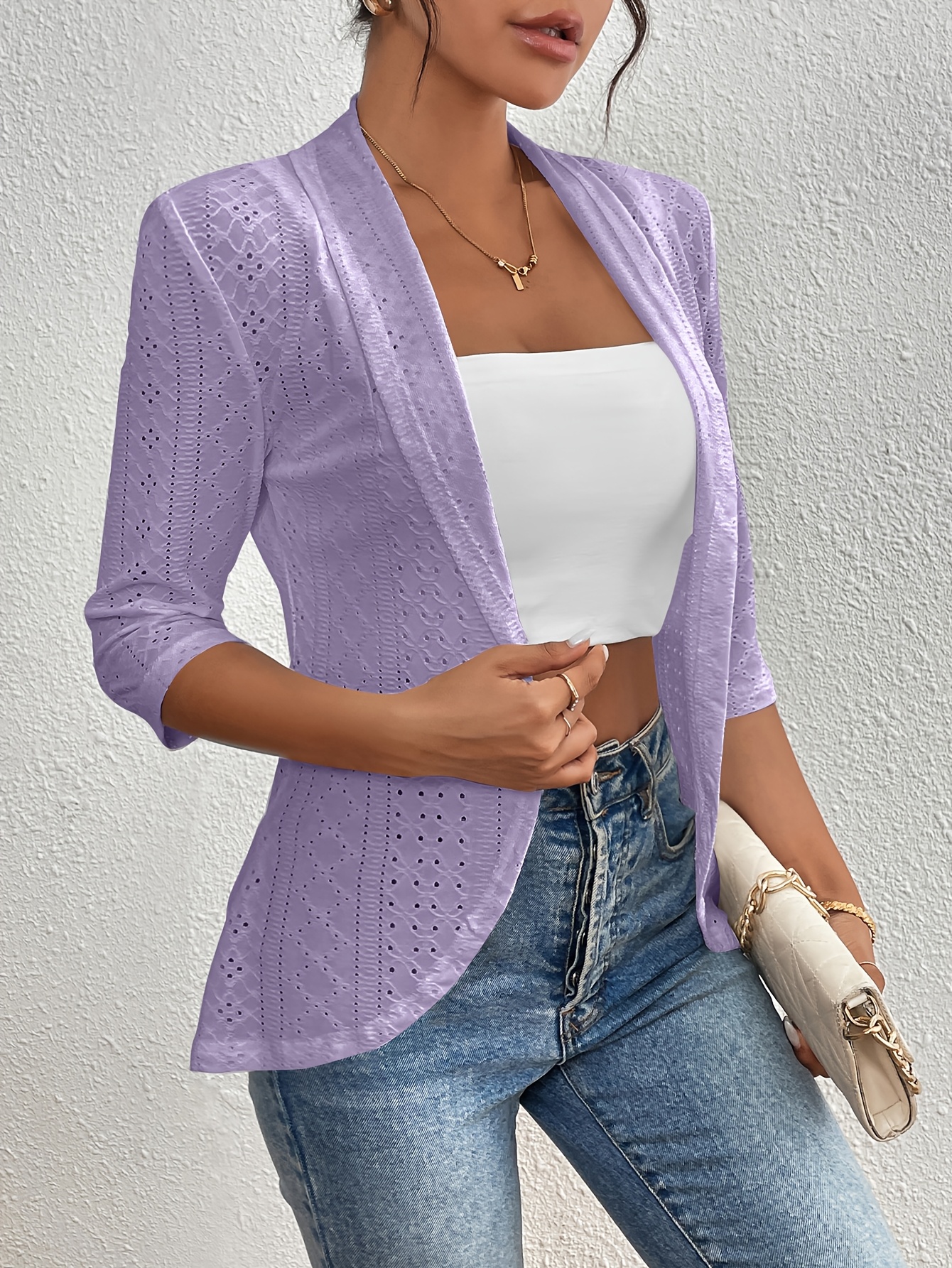 Women's Elegant Open-Front Cardigan - Solid White, Half Sleeve, Eyelet Embroidery, Lightweight Knit, Spring/Fall Fashion Jacket, Lightweight Cardigan