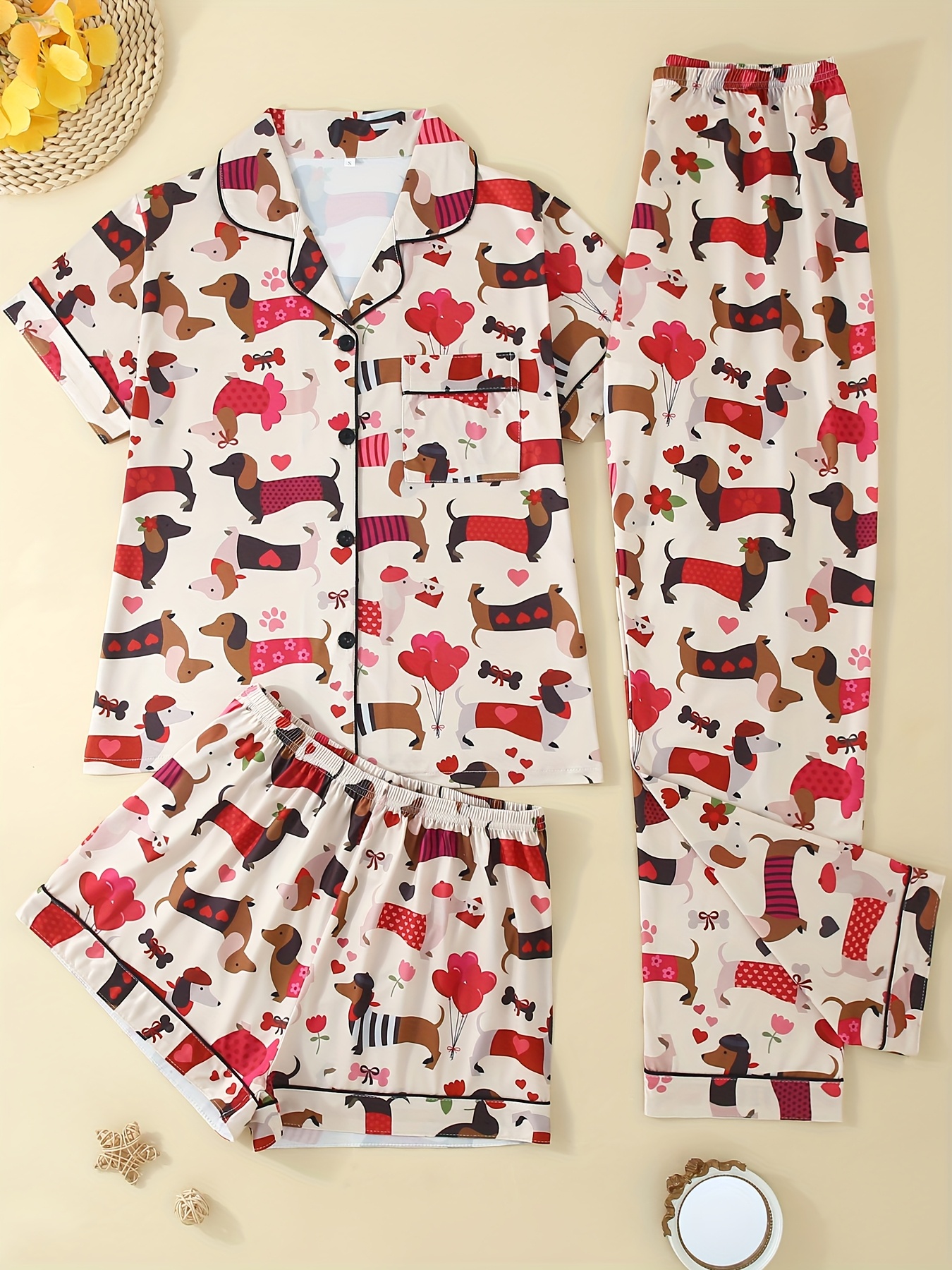 Three-Piece Casual Women's Pajama Set with Sausage Dog Cartoon Print,  Loose Top and Elastic Waist Shorts Long Pants, Comfortable Loungewear for 