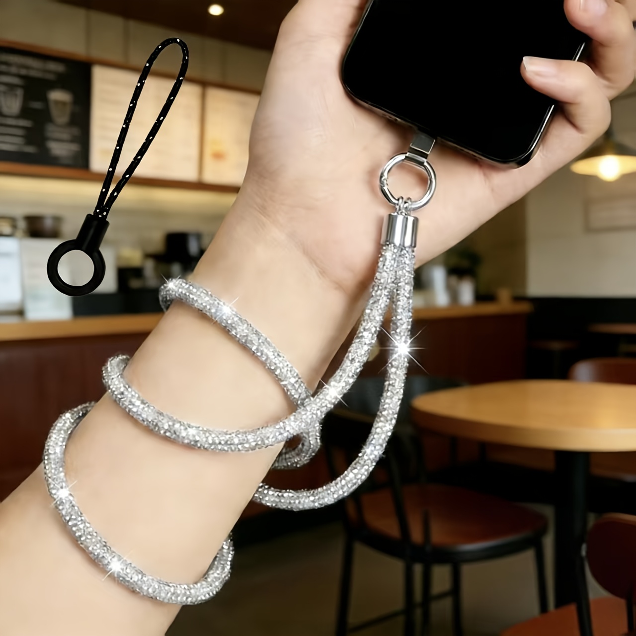 TEMU (1pc Rhinestone Phone Lanyard And 1pc Luxurious Silvery Clip And 1pc Multifunctional Short Lanyard) Elegant Sparkling Multicolor Rhinestone