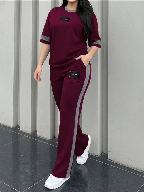 item picture womens new elegant casual round neck short sleeve color block comfortable t shirt and casual comfortable long pants 2pcs set lldx