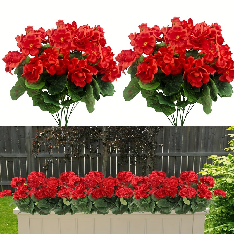 

4 Pcs Red Geranium Artificial Flowers, Uv Resistant Outdoor Silk Plants For Wedding And Engagement, Plastic Faux Shrubs For Home Table Centerpieces Without Container