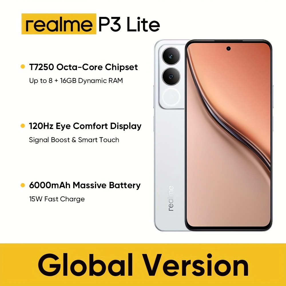 Realme P3 Lite 4G, Отключена мобилна телефони, 6GB+128GB/8GB+256GB, Глобална версия 4G LTE, Android 15 смартфон, 6.67'' LCD 120Hz дисплей, 6000mAh батерия, 50м камера, Мобилен телефон 7.79mm тънък, Без адаптер