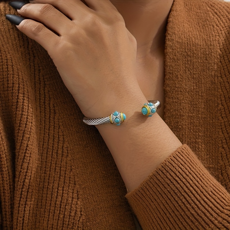Women's Vintage Blue Synthetic Stone Open Bangle Bracelet, Adjustable