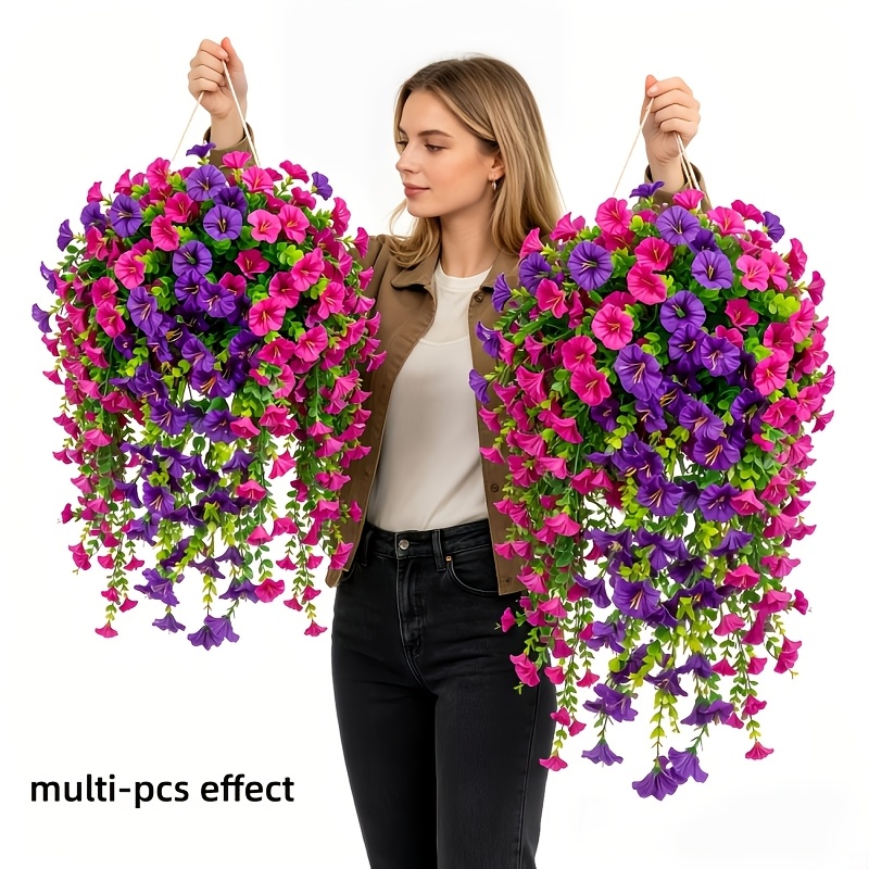 uv resistant artificial   hanging basket with pink purple tiered flowers trailing plants outdoor plastic   suitable for balcony wedding porch balcony no maintenance required container free