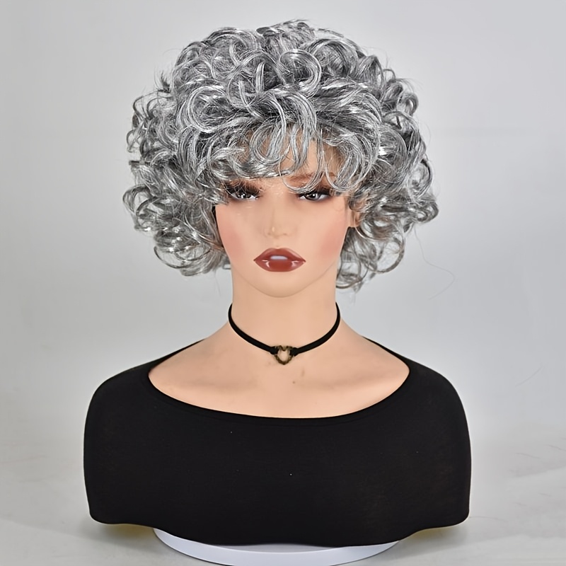 Image of 12-inch Short Curly Gray Wig For Halloween & Cosplay - Lightweight Synthetic Old Lady Costume Accessory, & With Safety Helmet Feature, Halloween Costumes