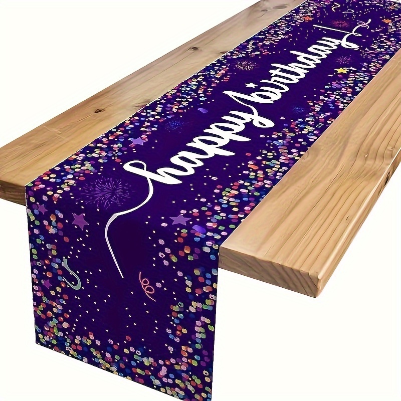 

1pc, Polyester Table Runner, Happy Birthday Design With Purple Confetti, Wipe Clean, Fade Resistant, Dining Party Decoration For 4-6 People