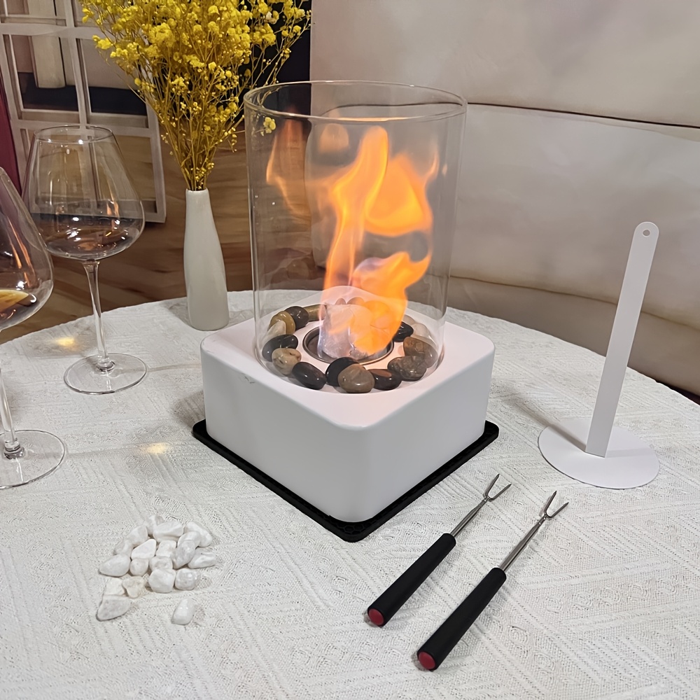 contemporary metal bioethanol fire pit portable tabletop alcohol fireplace with 2 stone options   base mat gloves for indoor outdoor use details 2